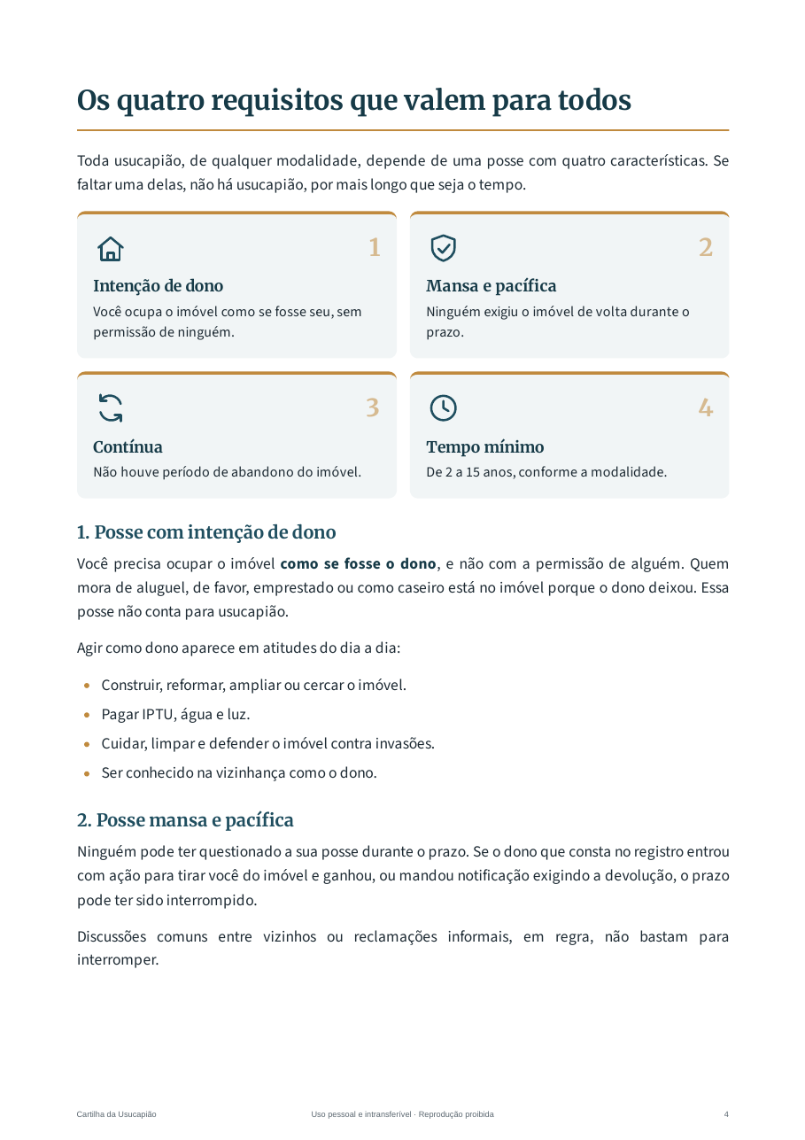Página da cartilha com os 4 requisitos da usucapião em infográficos