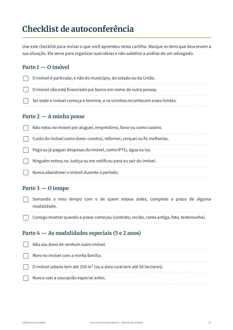 Página da cartilha com o checklist de autoconferência