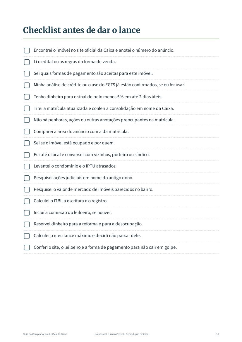 Página do guia com o checklist antes do lance