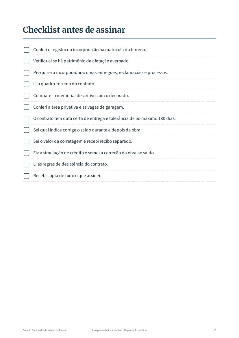 Página do guia com o checklist antes de assinar